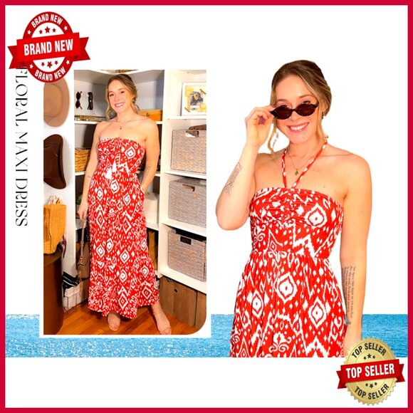 Strapless Floral Maxi Dress Boho Smocked Back Tiered A-Line with Pockets - Picture 7 of 7